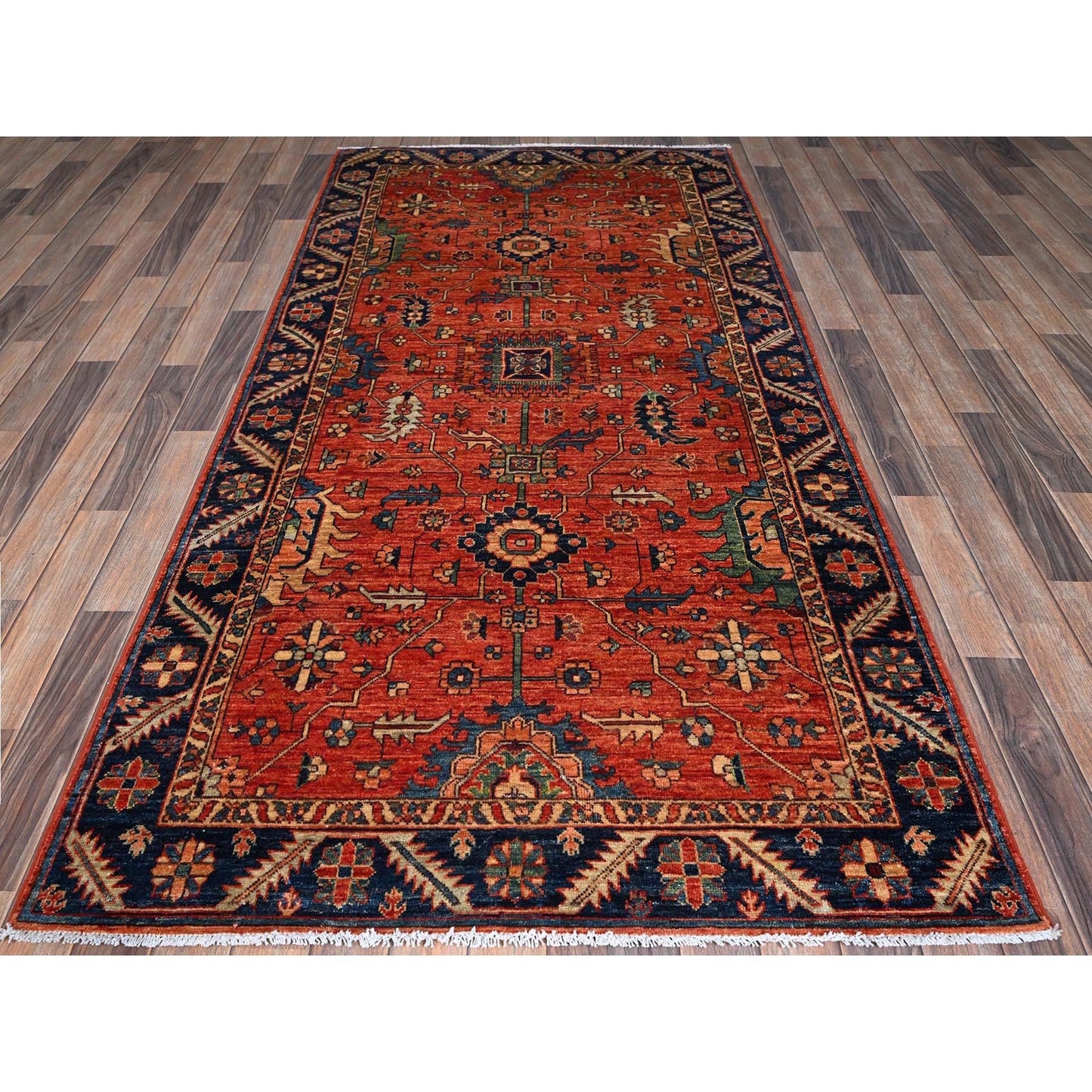 4'2"X8'4" Red Heris All Over Design Soft Wool Hand Knotted Runner Rug