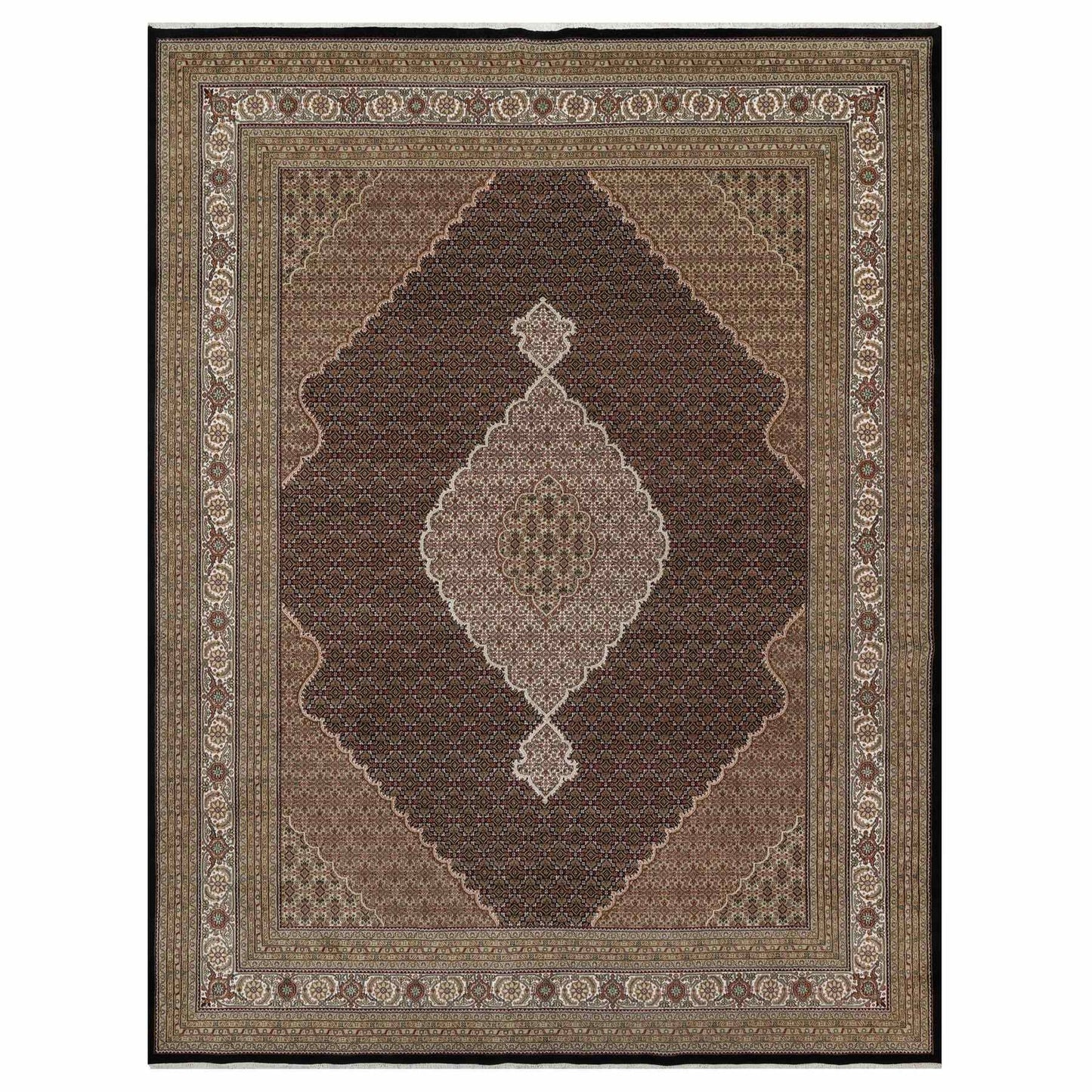 11'8"X15'2" Black Hand Knotted Tebraz Mahi Fish Design Wool Oversized Rug