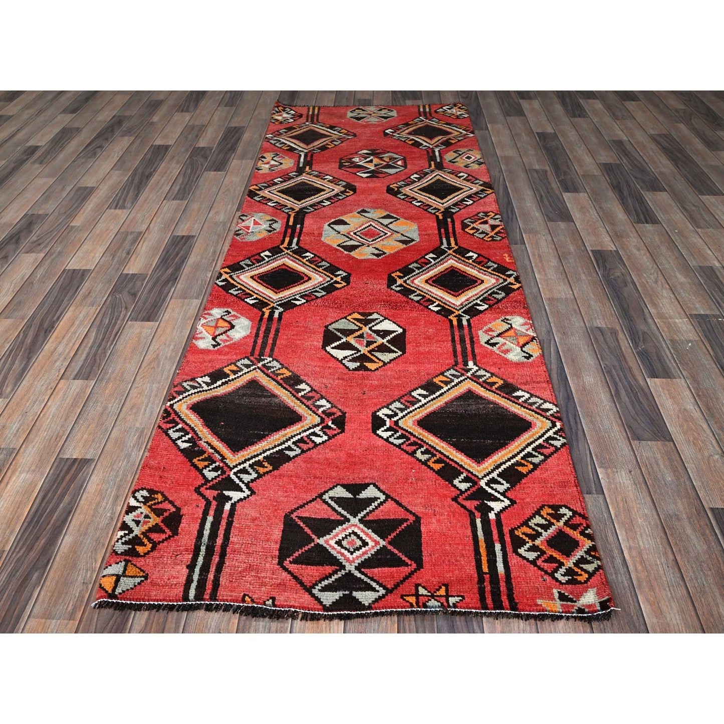 3'1"X8'4" Red Vintage Zoroastrian Sheeraz Pure Wool Hand Knotted Runner Rug