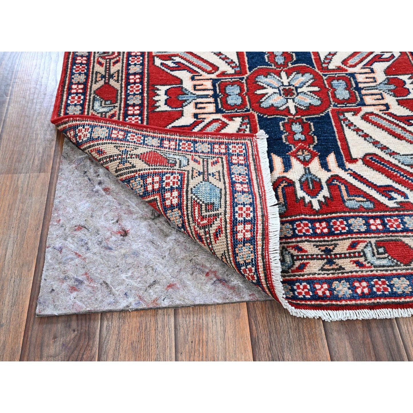 2'9"X9'10" Red Kazak With Tribal Design Soft Wool Hand Knotted Runner Rug