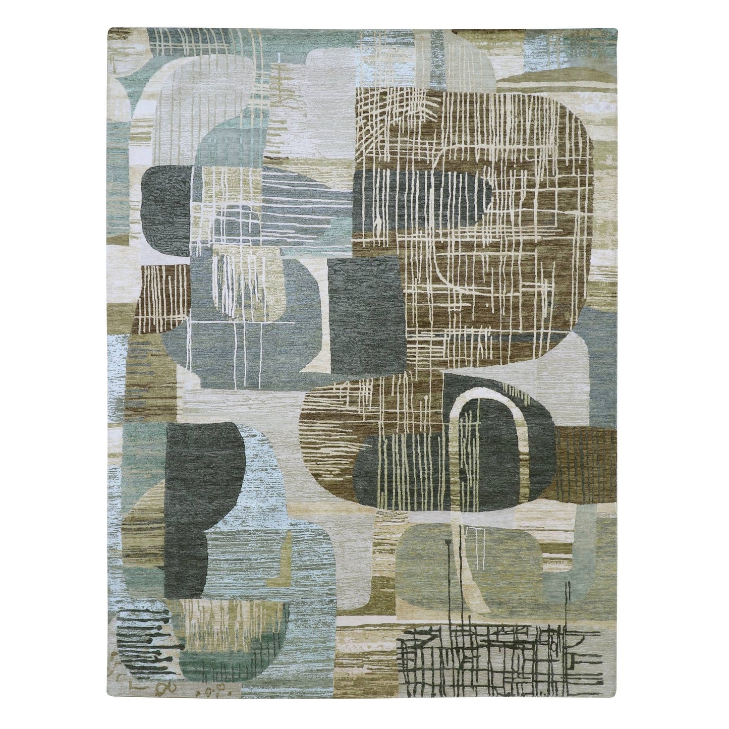 9'X11'9" Gray-Brown Abstract Geometric Pattern Hand Knotted Pure Wool Rug