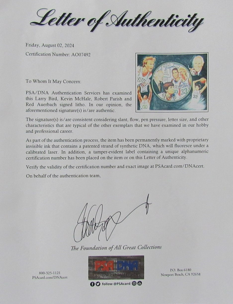 Bird/Mchale/Parish/Auerbach Multi-Signed 24X20 Lithograph Celtics Psa/Dna 192393