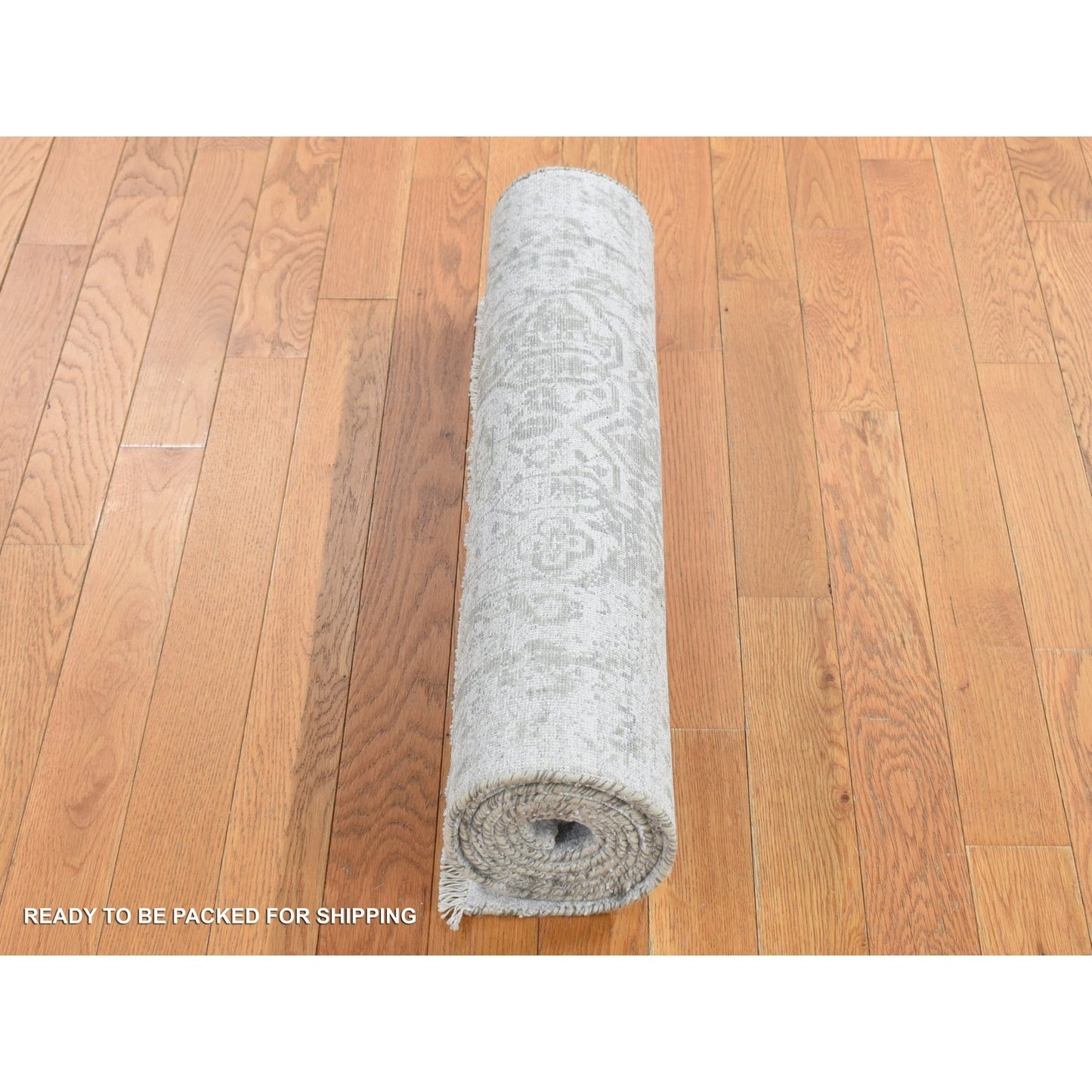 2'7"X8' Gray Zoroastrian Design Wool And Silk Hand Knotted Runner Rug