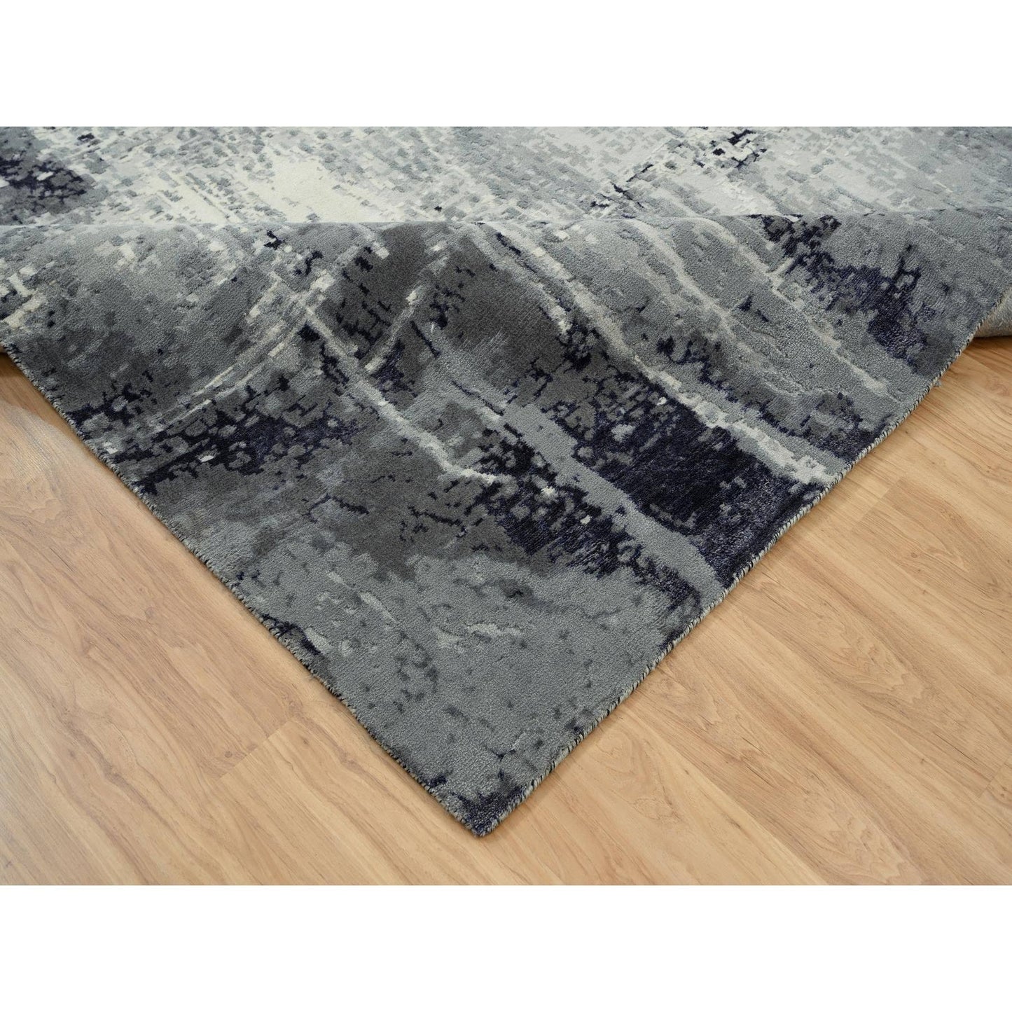 10'X10' Black Abstract Design Wool And Silk Hand Knotted Square Rug