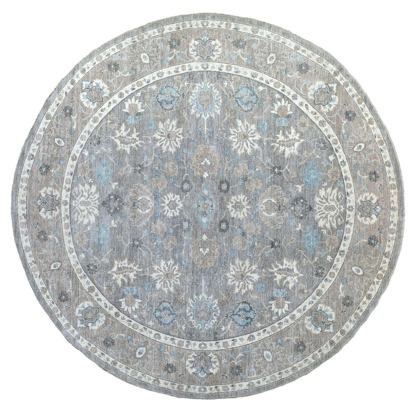 12'X12' Hand Knotted Soft Wool Fine Peshawar Silver Gray Round Rug
