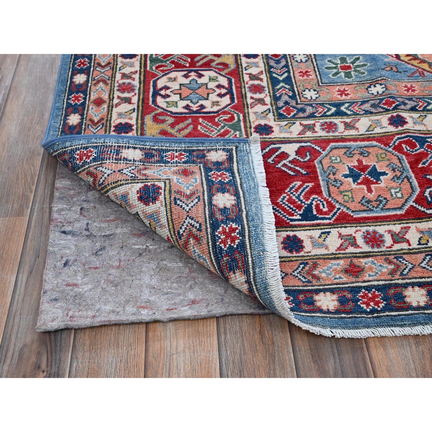 8'10"X11'8" Blue Kazak With Geometric Design Hand Knotted Soft Wool Rug