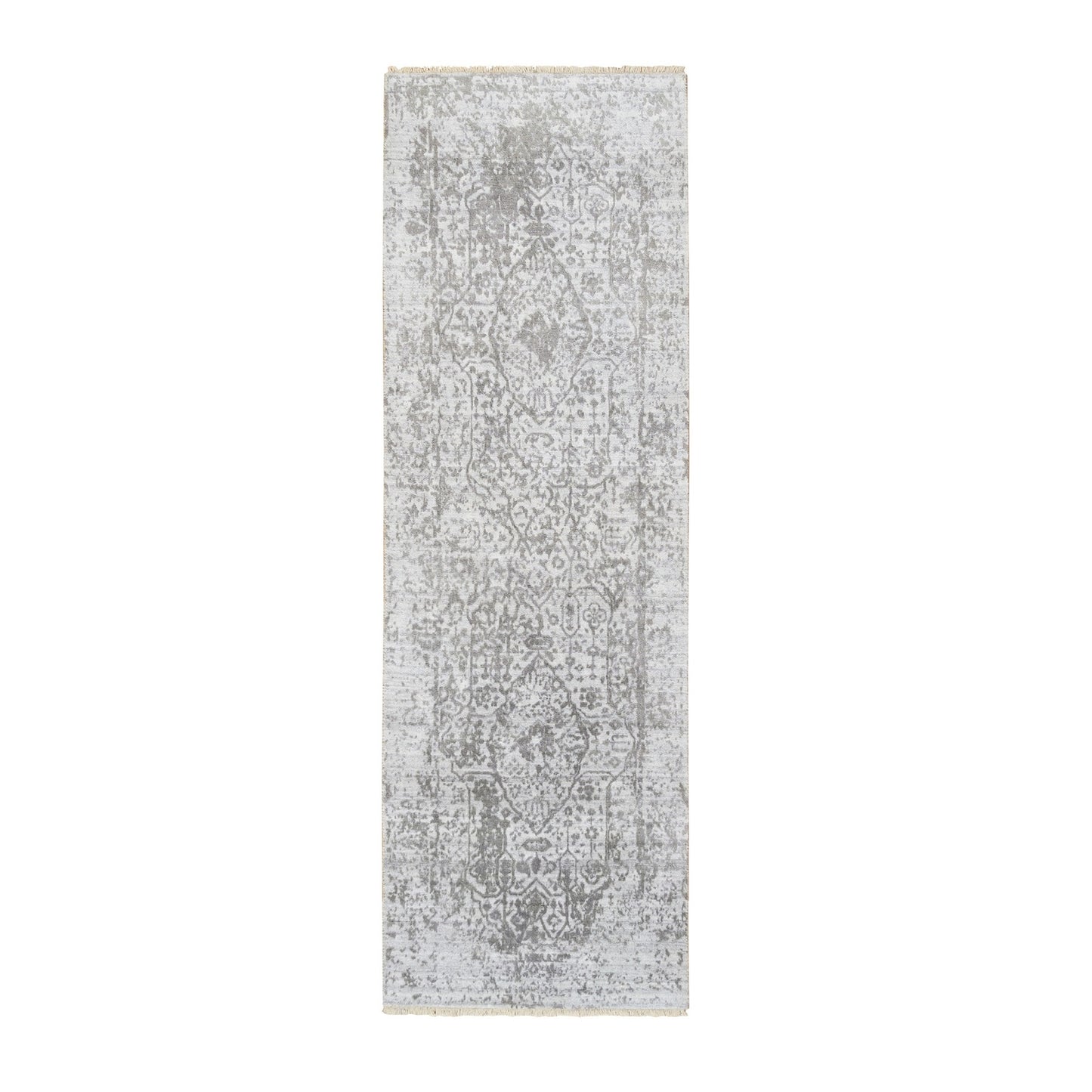 2'6"X7'10" Gray Hand Knotted Broken Farsian Design Wool/Silk Runner Rug