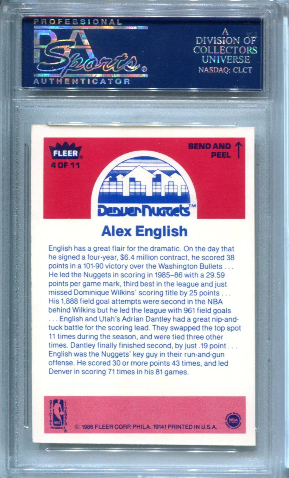 Alex English 1986 Fleer Sticker #4 Psa Ex-Mt 6 Card