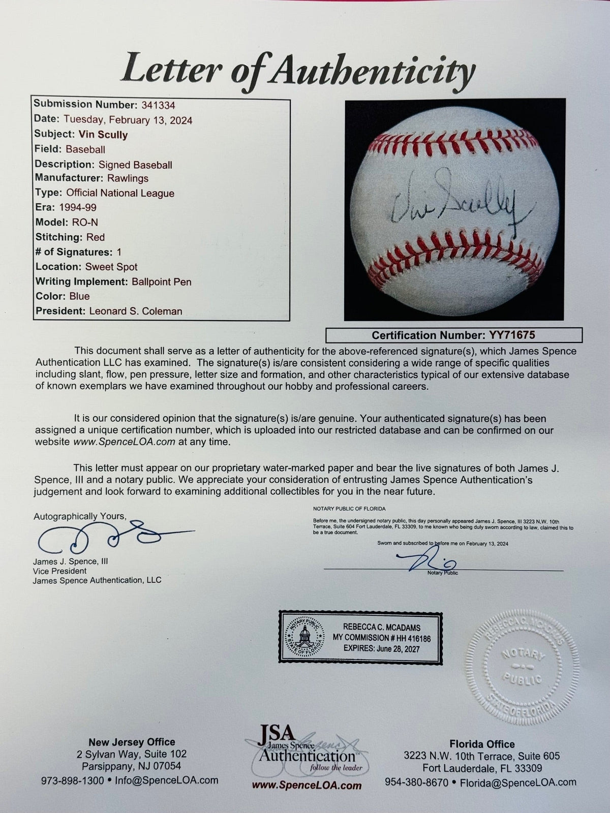 Vin Scully Autographed Official National League Baseball (Jsa)