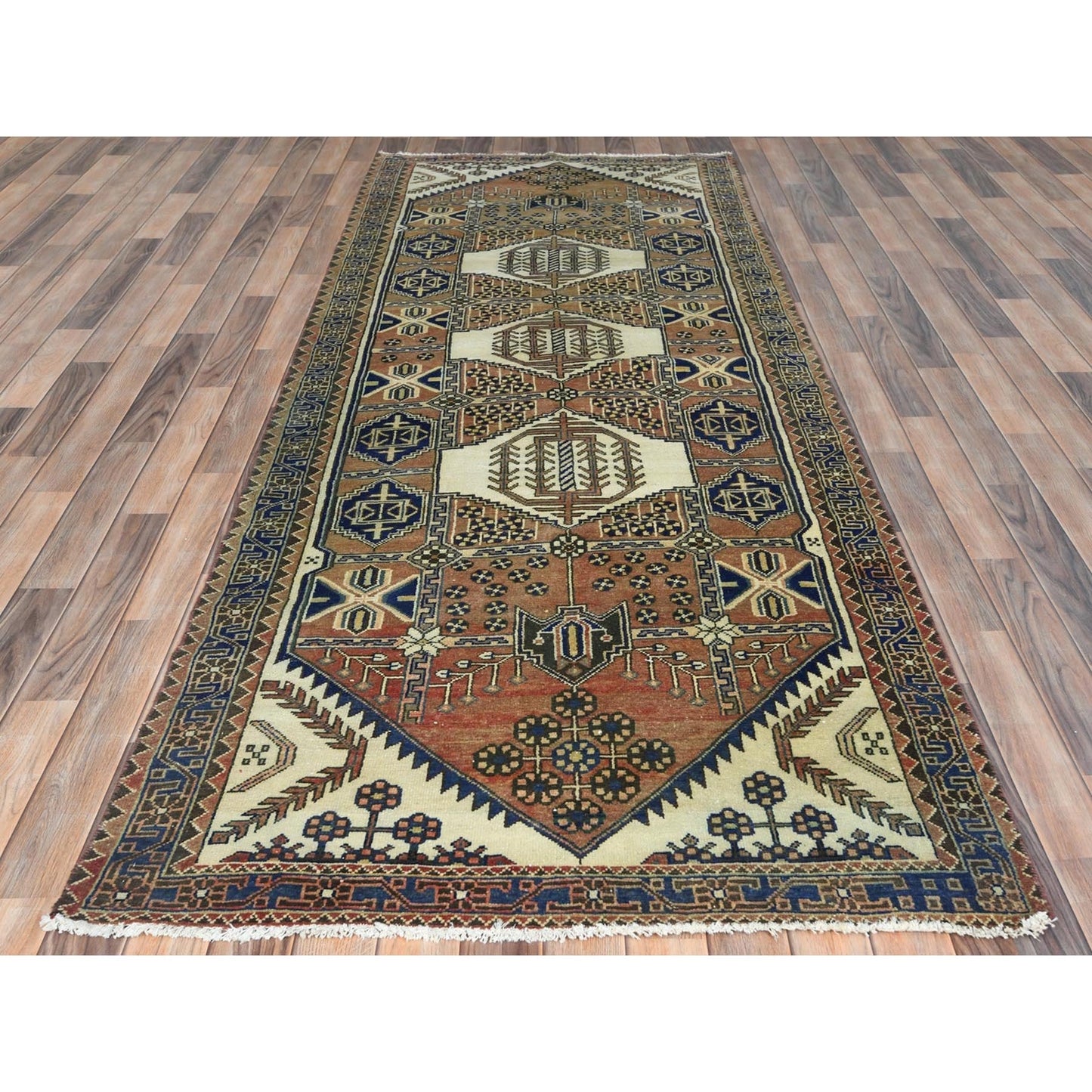 4'X10'Mocha Brown Farsian Heris Hand Knotted Wool Cropped Thin Runner Rug