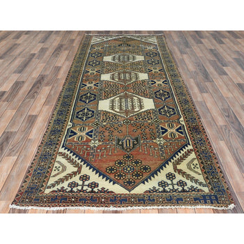 4'X10'Mocha Brown Farsian Heris Hand Knotted Wool Cropped Thin Runner Rug