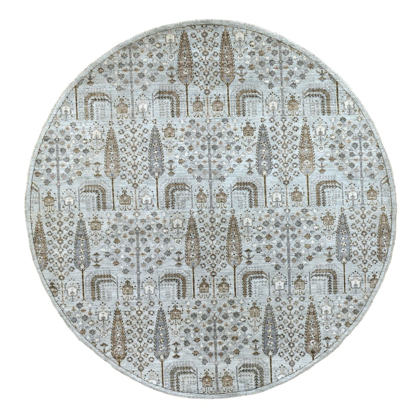 8'3"X8'3" Gray Peshawar With Folk Art Cypress Tree Design Shiny Wool Rug