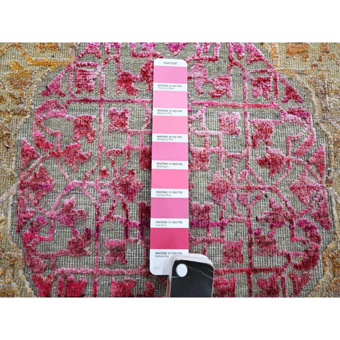 5'1"X7'4" Pink With Yellow Mamluk Design Silk With Wool Hand Knotted Rug