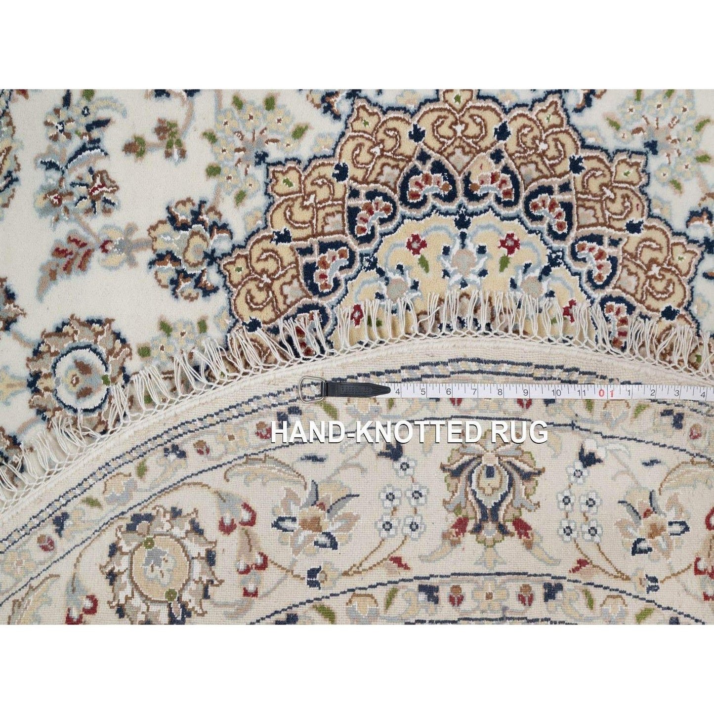 5'X5' Ivory Nain With Flower Design Hand Knotted Wool And Silk Round Rug