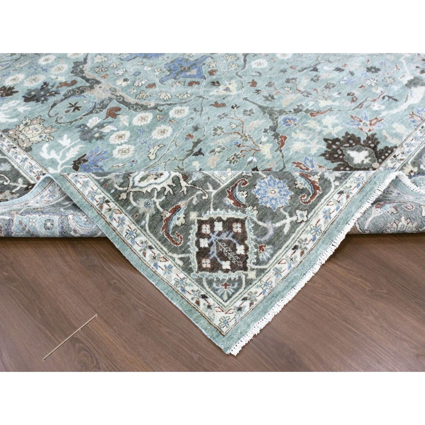 9'X11'9" Teal Green Hand Knotted Oushak With Floral Motifs Soft Wool Rug
