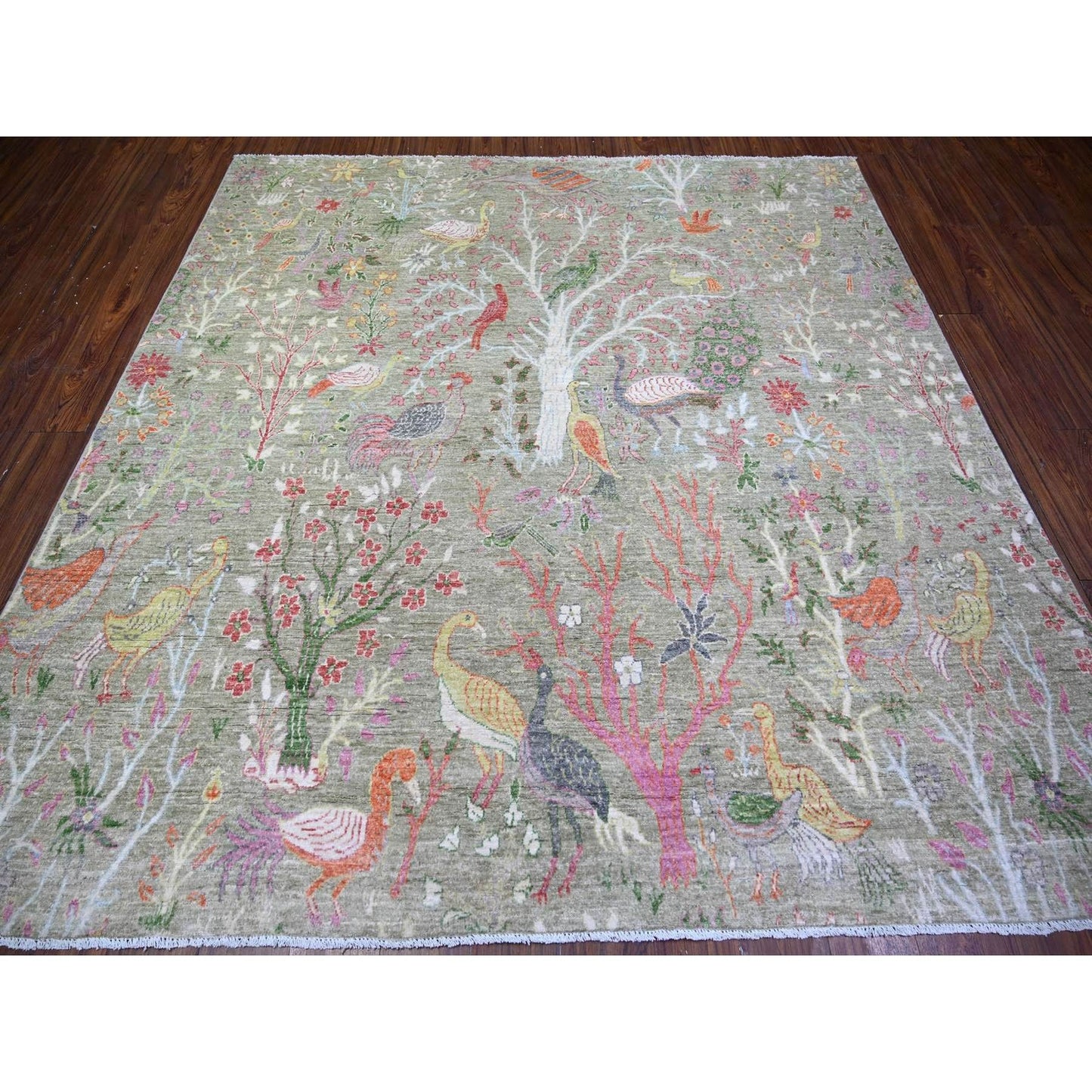 8'X8' Green Birds Of Paradise Hand Knotted Wool Peshawar Square Rug