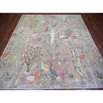 8'X8' Green Birds Of Paradise Hand Knotted Wool Peshawar Square Rug