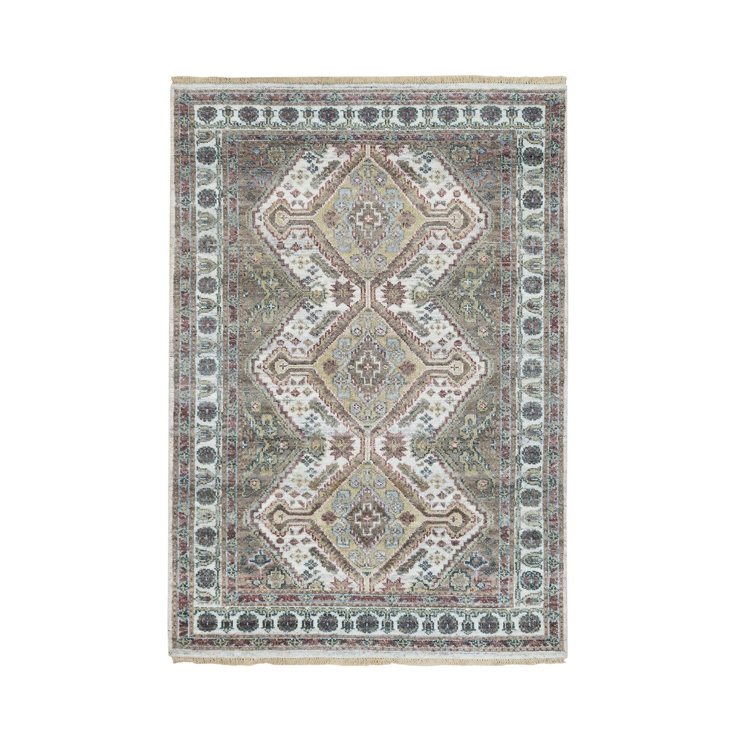 4'X5'10" Ivory Flower Rosettes Border Wool Hand Knotted Oriental Rug