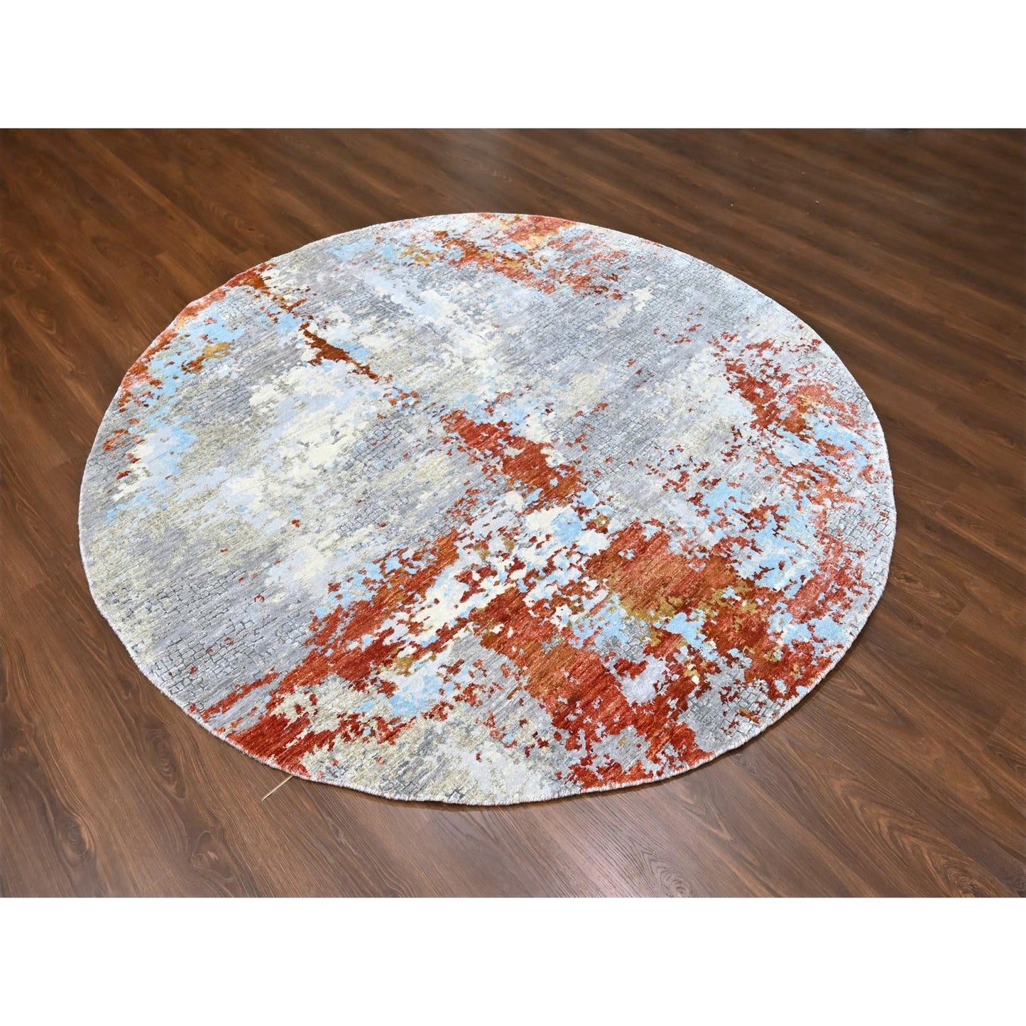 8'X8' Orange Abstract Mosaic Design Wool And Silk Hand Knotted Round Rug