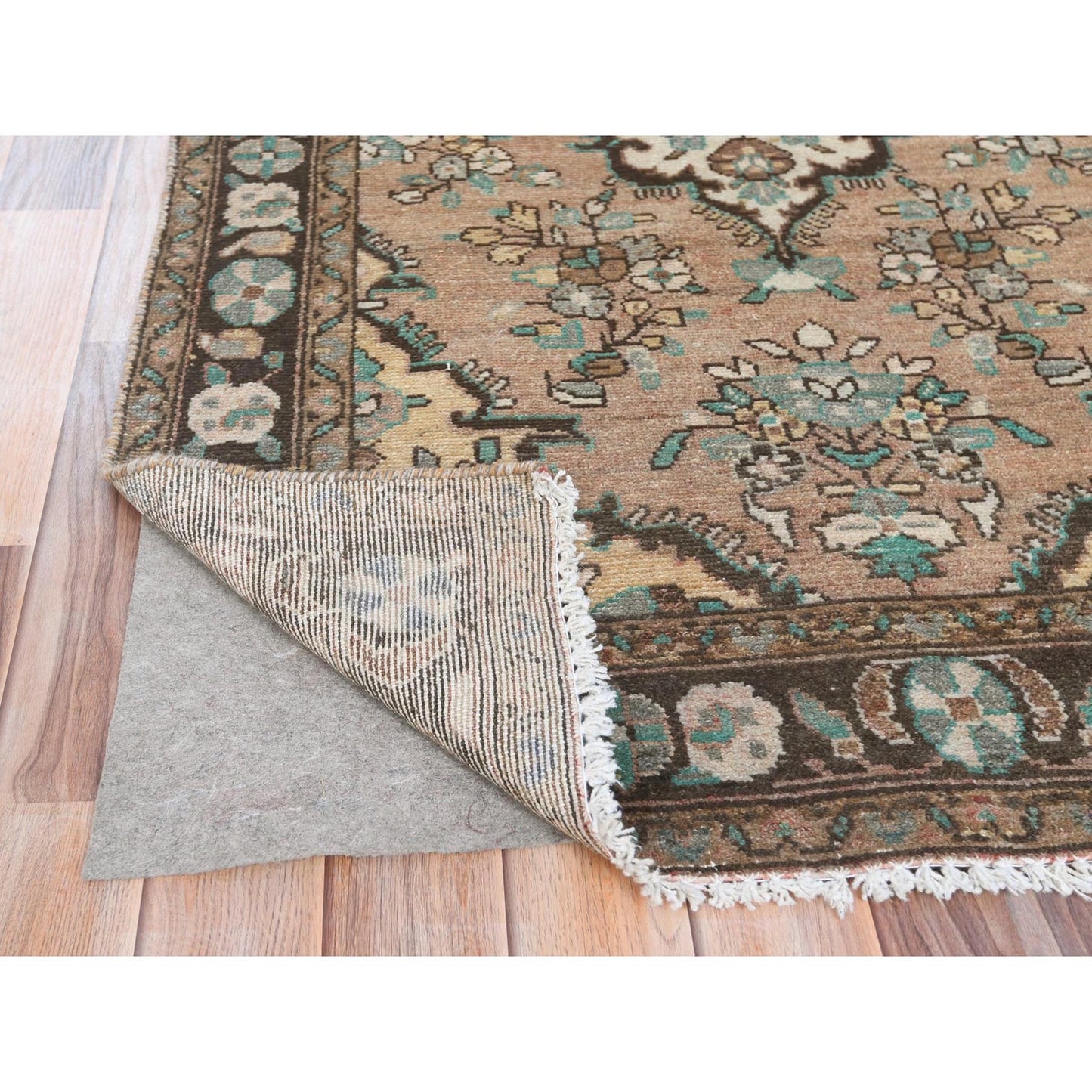 3'3"X10'4" Brown Vintage Farsian Worn Wool Hand Knotted Runner Rug