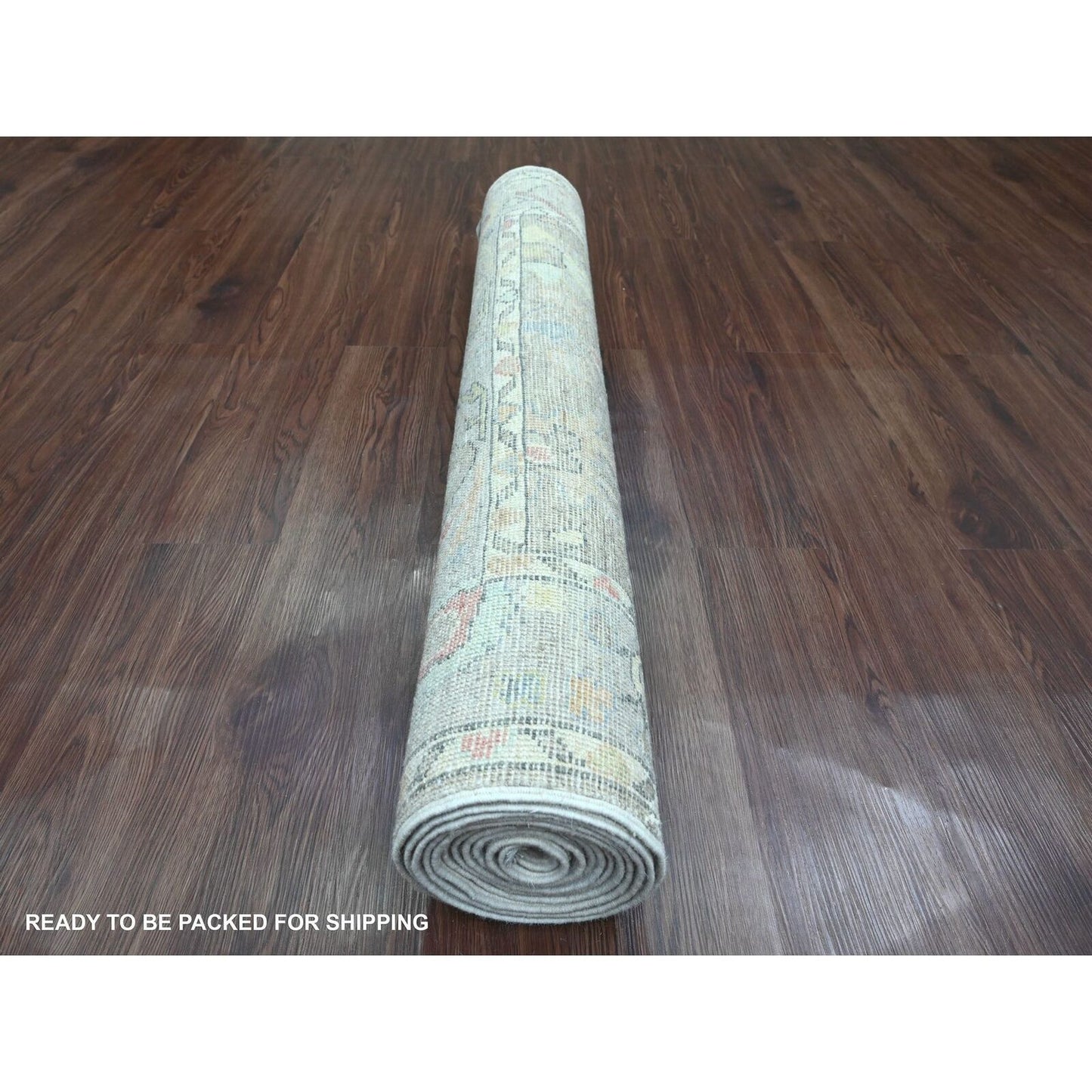 3'10"X12'1" Gray Hand Knotted Angora Oushak Leaf Design Wool Runner Rug