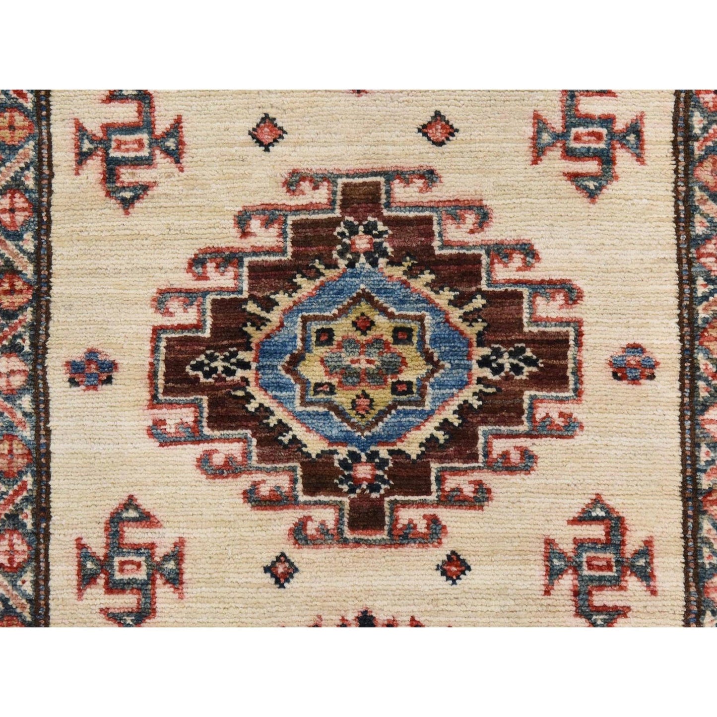 2'9"X8'3" Ivory Super Kazak Geometric Design Hand Knotted Wool Runner Rug