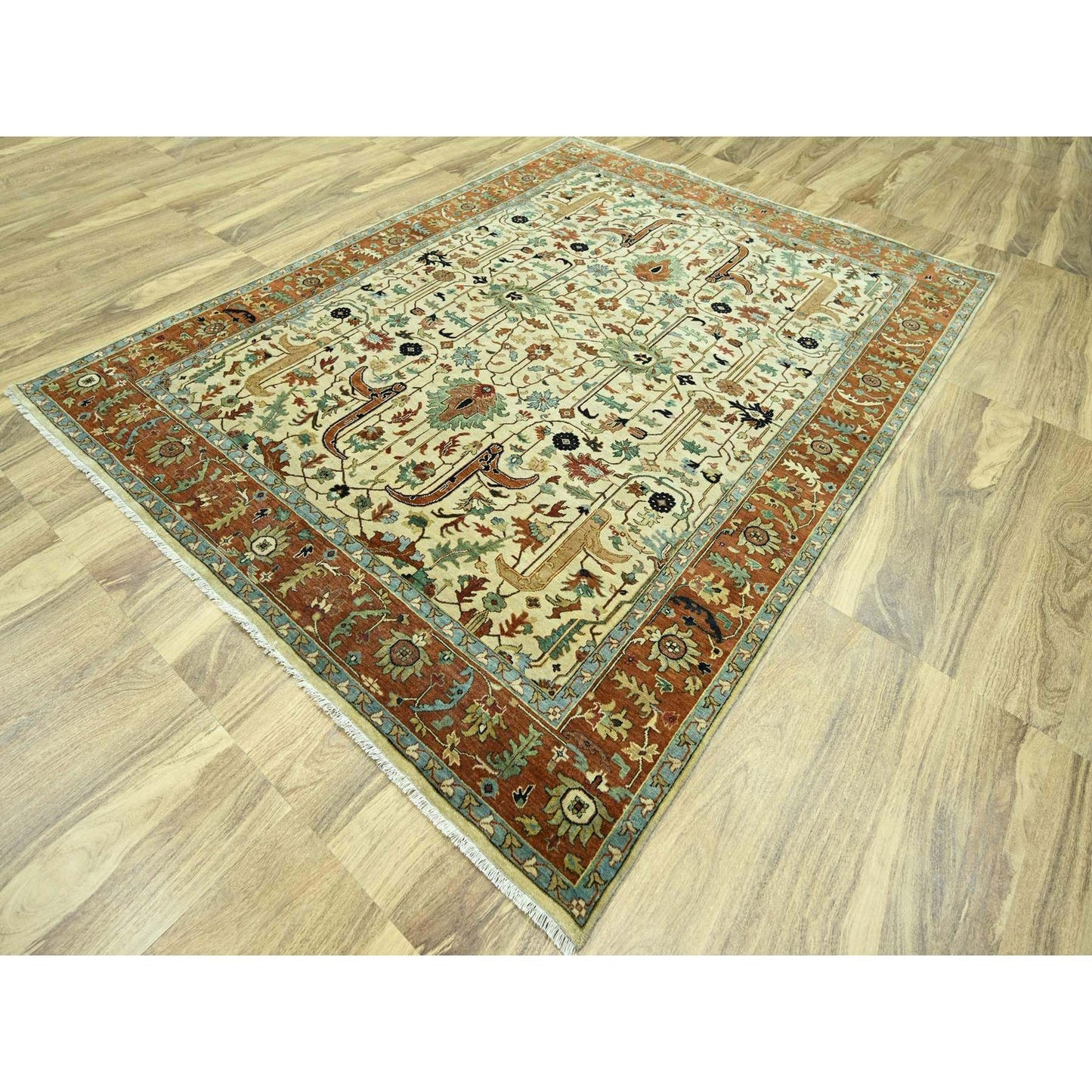 7'10"X10'3" Linen White Heris All Over Design Hand Knotted 100% Wool Rug