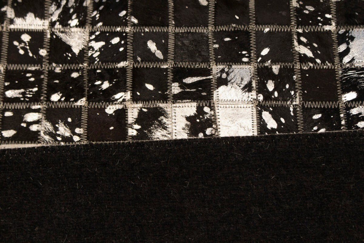 Hand-Stitched Black Beige Cowhide Leather Rug 4X6