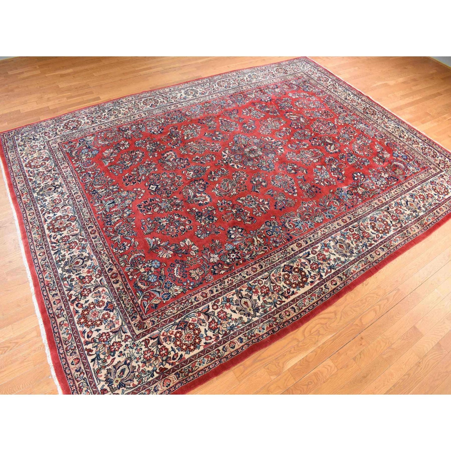 10'X13'9" Crimson Red Vintage Zoroastrian Saroogh Wool Hand Knotted Rug