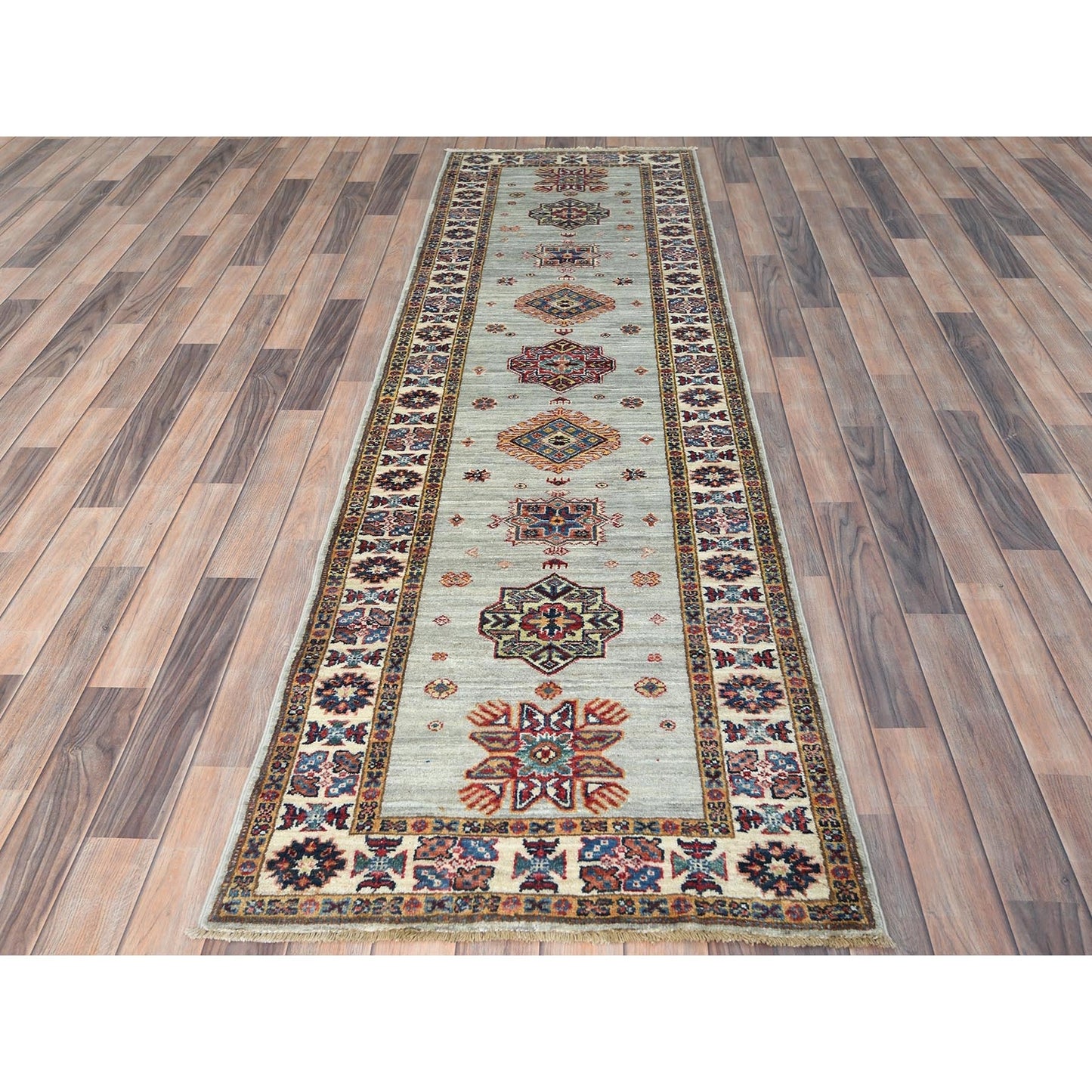2'7"X8'5" Ash Gray Soft Wool Hand Knotted Afghan Super Kazak Runner Rug