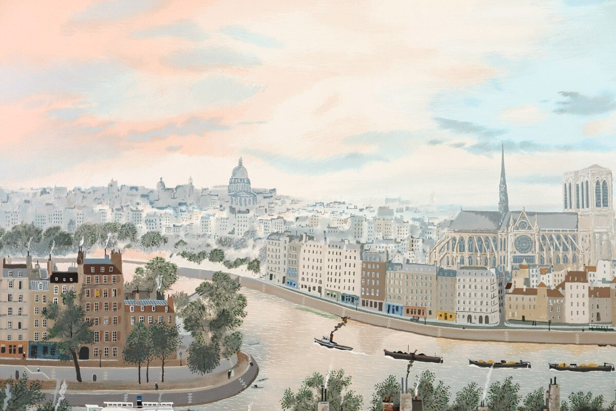 Michel Delacroix Rive Gauche 1990 Large Silkscreen Paris Seine & Notre-Dame