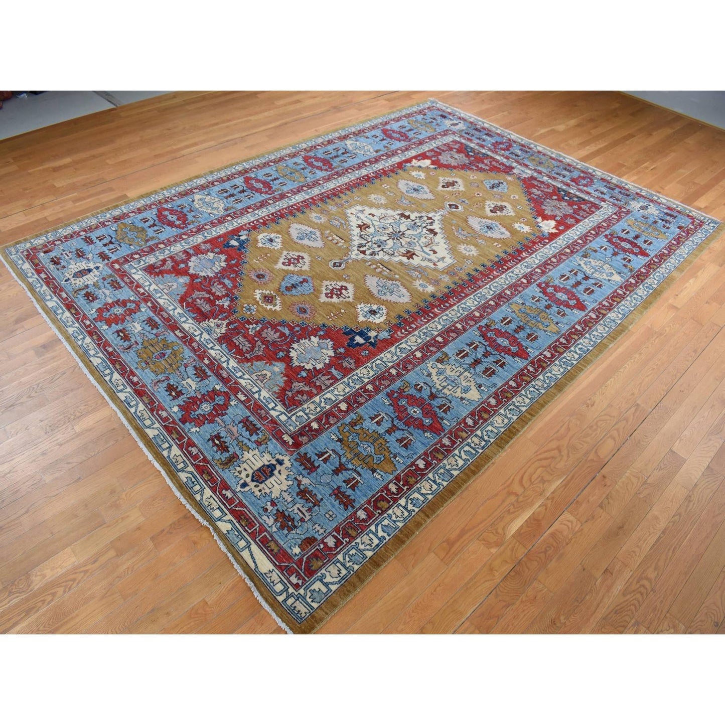 9'10"X13'10" Green Geometric Bookshaish Design Hand Knotted Pure Wool Rug