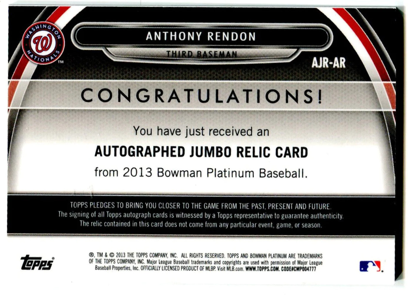 Anthony Rendon 2013 Bowman Platinum Autographed Jumbo Relic Card #123/199