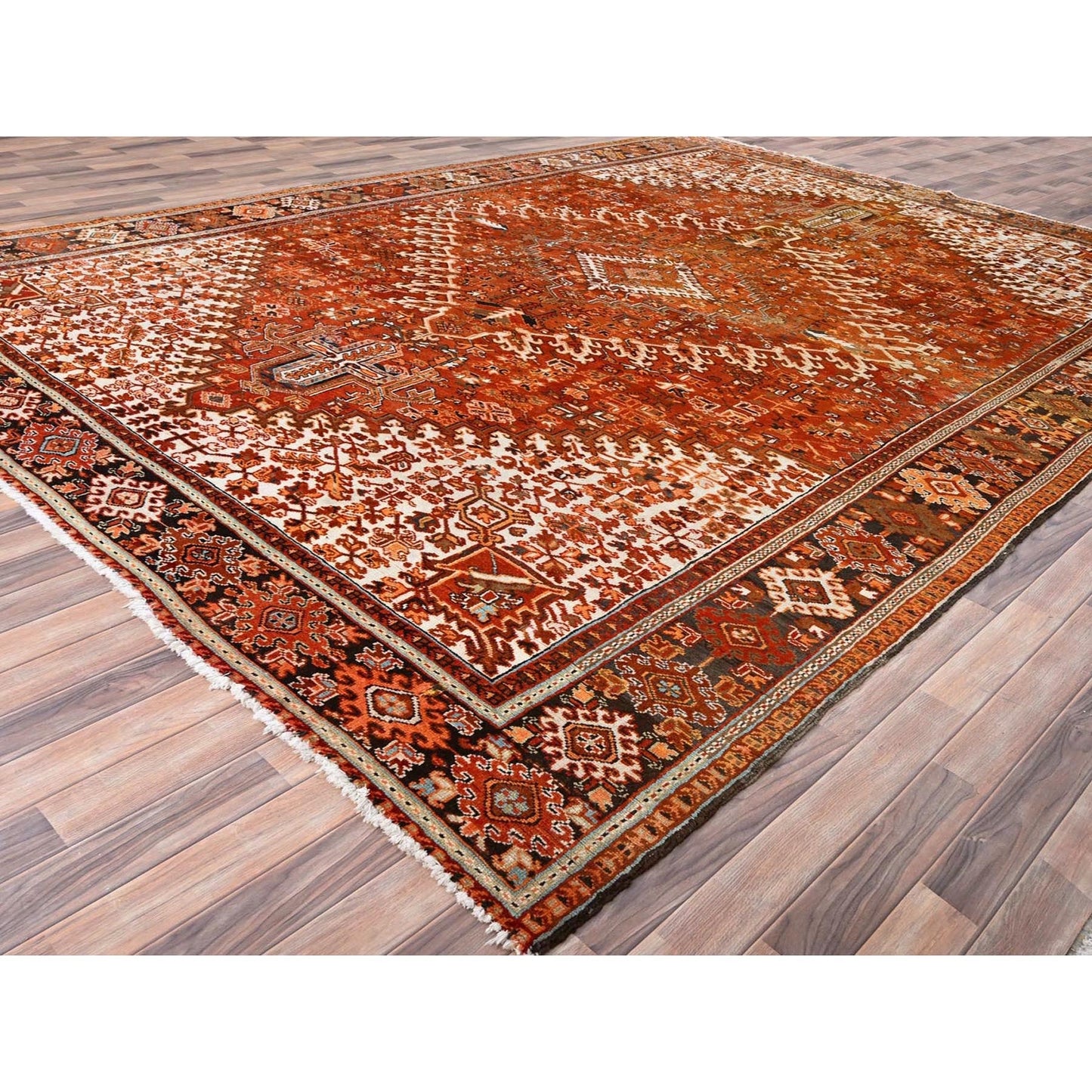 10'2"X13' Orange Semi Antique Zoroastrian Heris Worn Wool Handknotted Rug