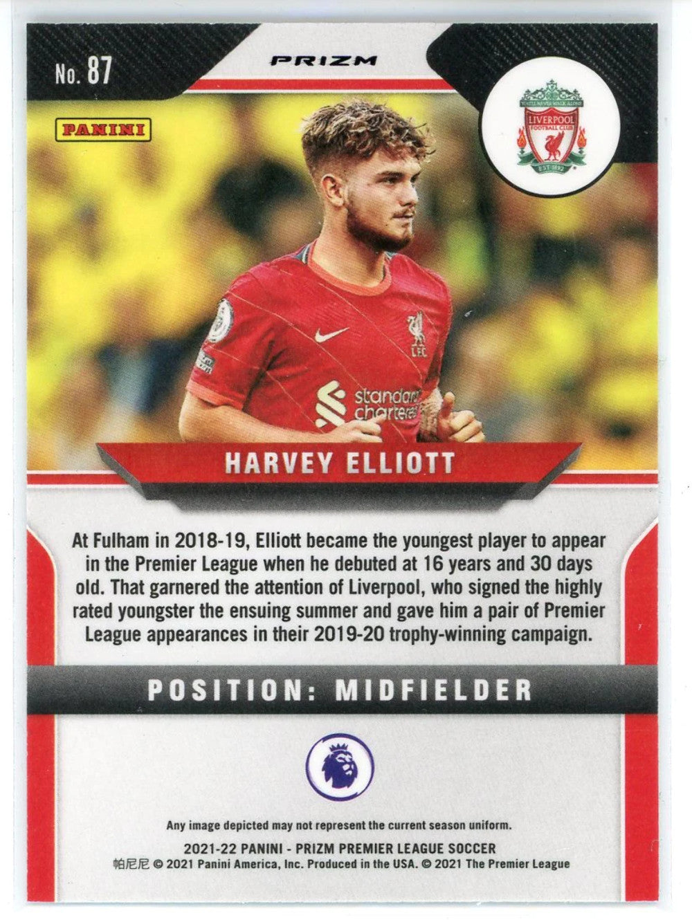 Harvey Elliott 202122 Panini Prizm Premier League Green Rookie Card #87