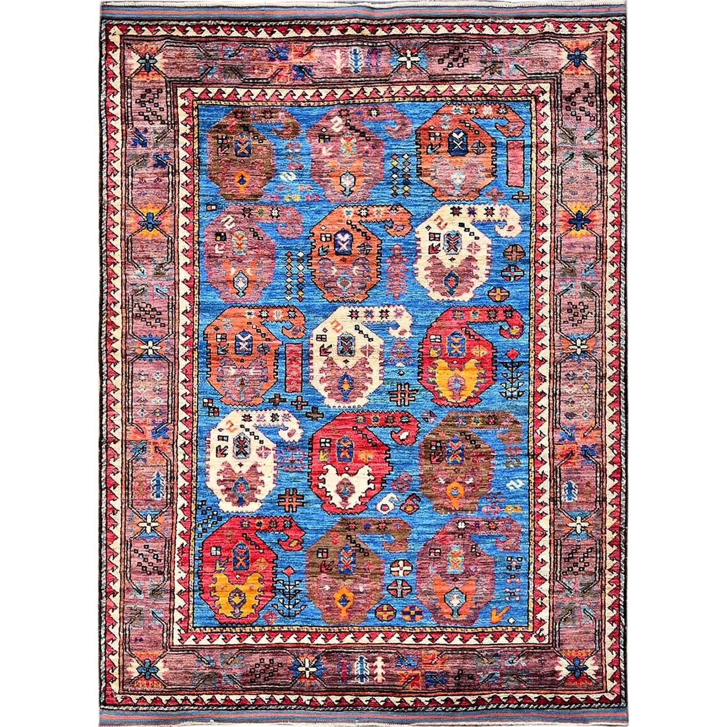 4'4"X5'9" Blue Afghan Caucasian Design Revival Hand Knotted Soft Wool Rug