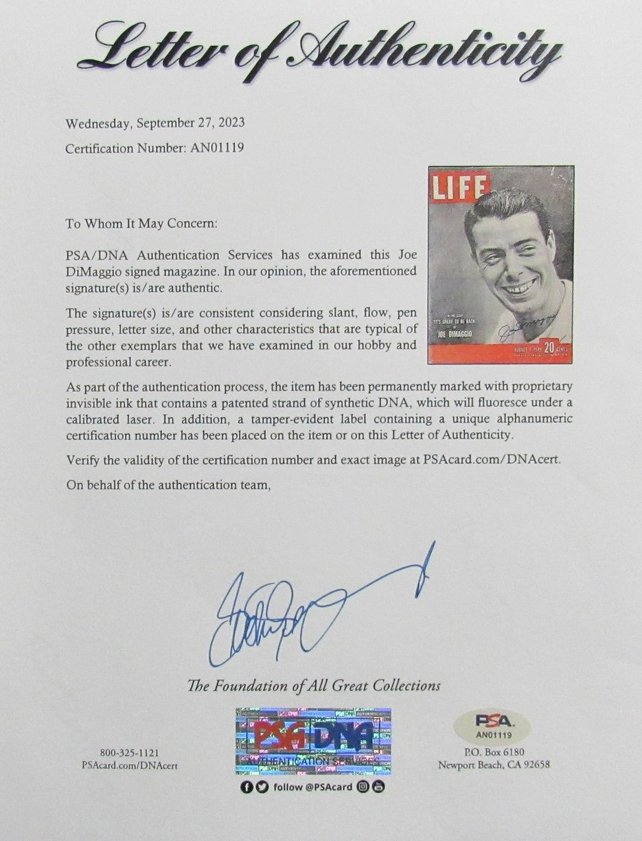 Joe Dimaggio Autographed August 1, 1949 Life Magazine New York Yankees Psa/Dna
