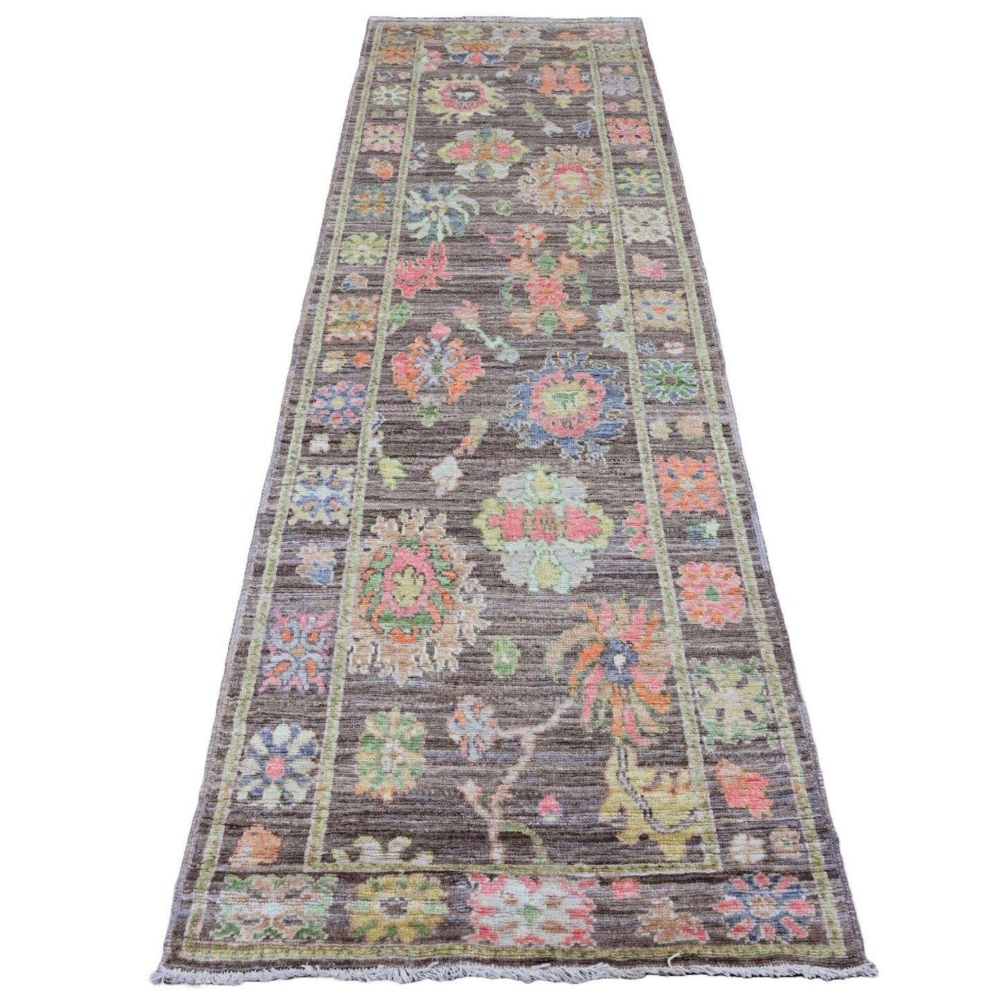 3'X9'8" Brown Angora Oushak Leaf Design Hand Knotted 100% Wool Runner Rug