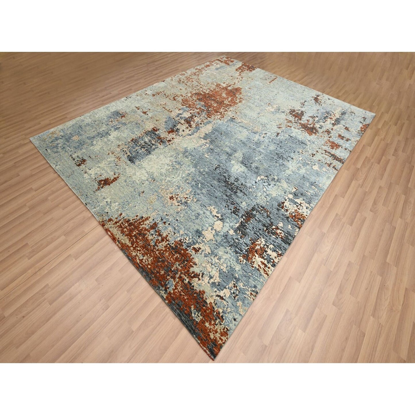8'1"X10'2" Gray-Beige Abstract Design Pure Wool Hand Knotted Oriental Rug