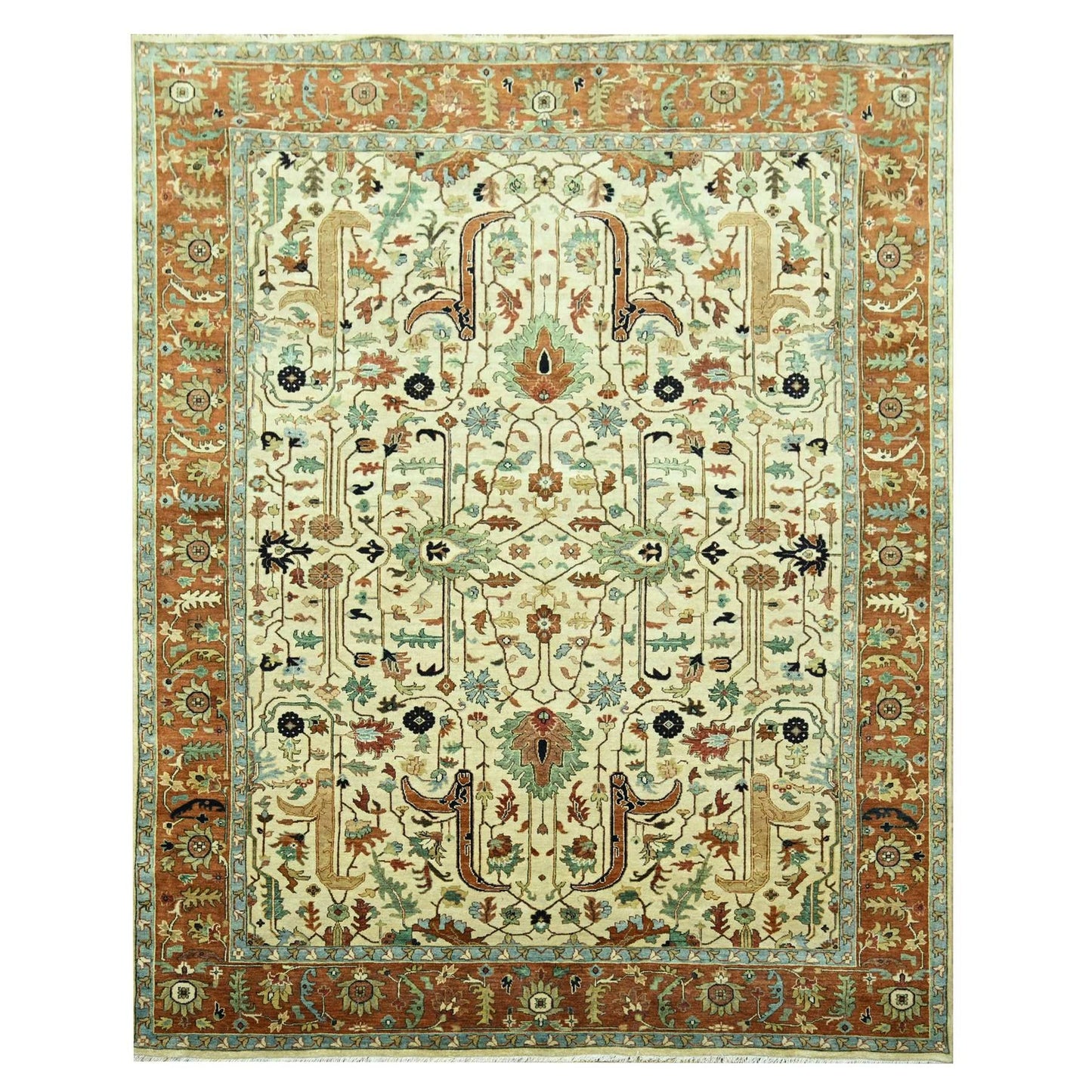 7'10"X10'3" Linen White Heris All Over Design Hand Knotted 100% Wool Rug
