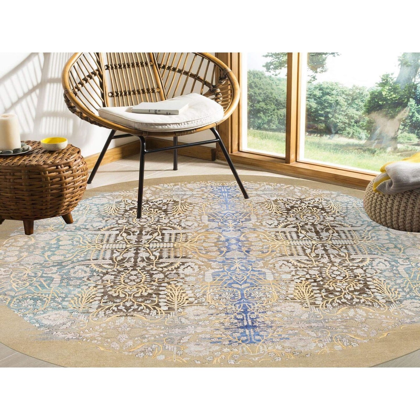 11'10"X11'10" Gold Brown Hand Knotted Saroogh Silk With Wool Round Rug