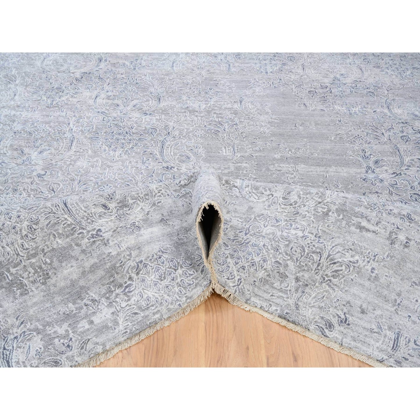 10'X13'10" Ivory Hand Knotted Damask Design Wool And Plant Based Silk Rug