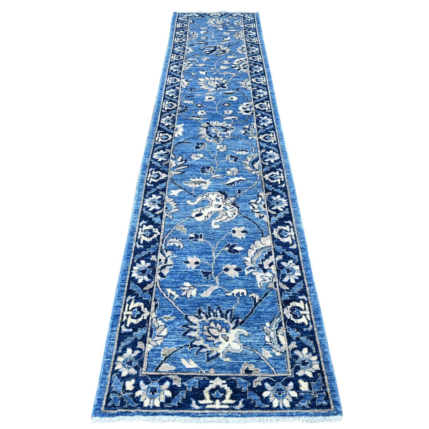 2'7"X12'1" Denim Blue Mahal Design Hand Knotted Wool Runner Oriental Rug