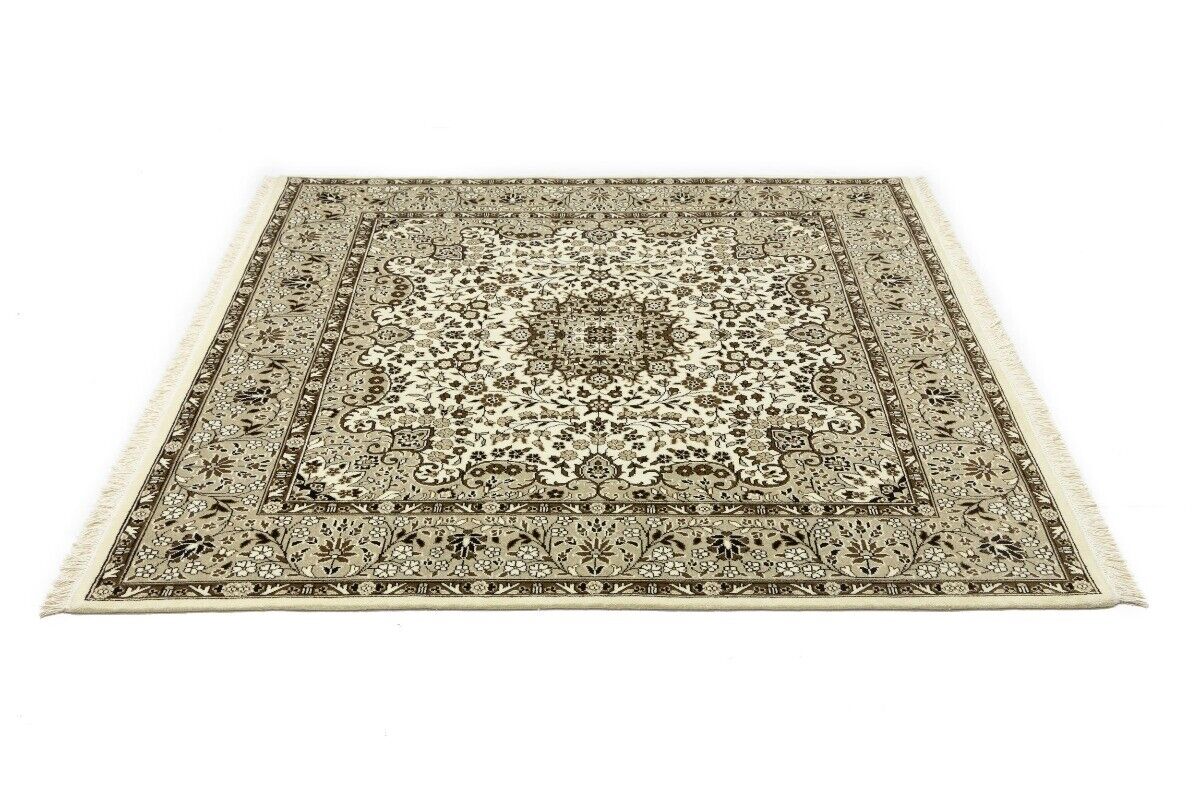 Hand-Knotted Kirman Square Rug Cream Floral Wool