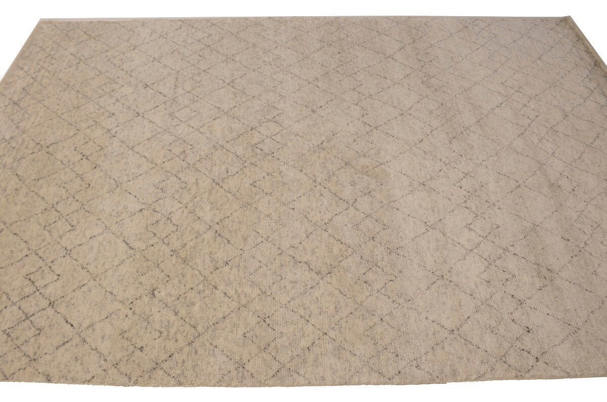 Hand-Knotted Beige Geometric Moroccan Rug Plush