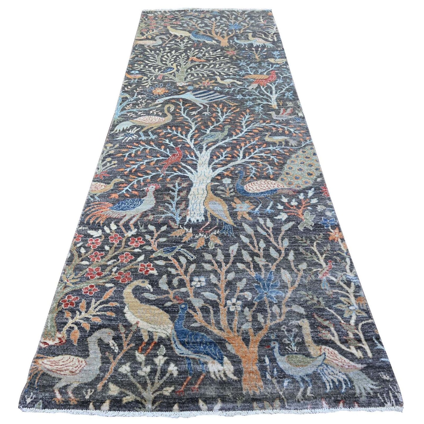 4'X12' Olive Black, Afghan Peshawar Hand Knotted Wool Wide Runner Rug