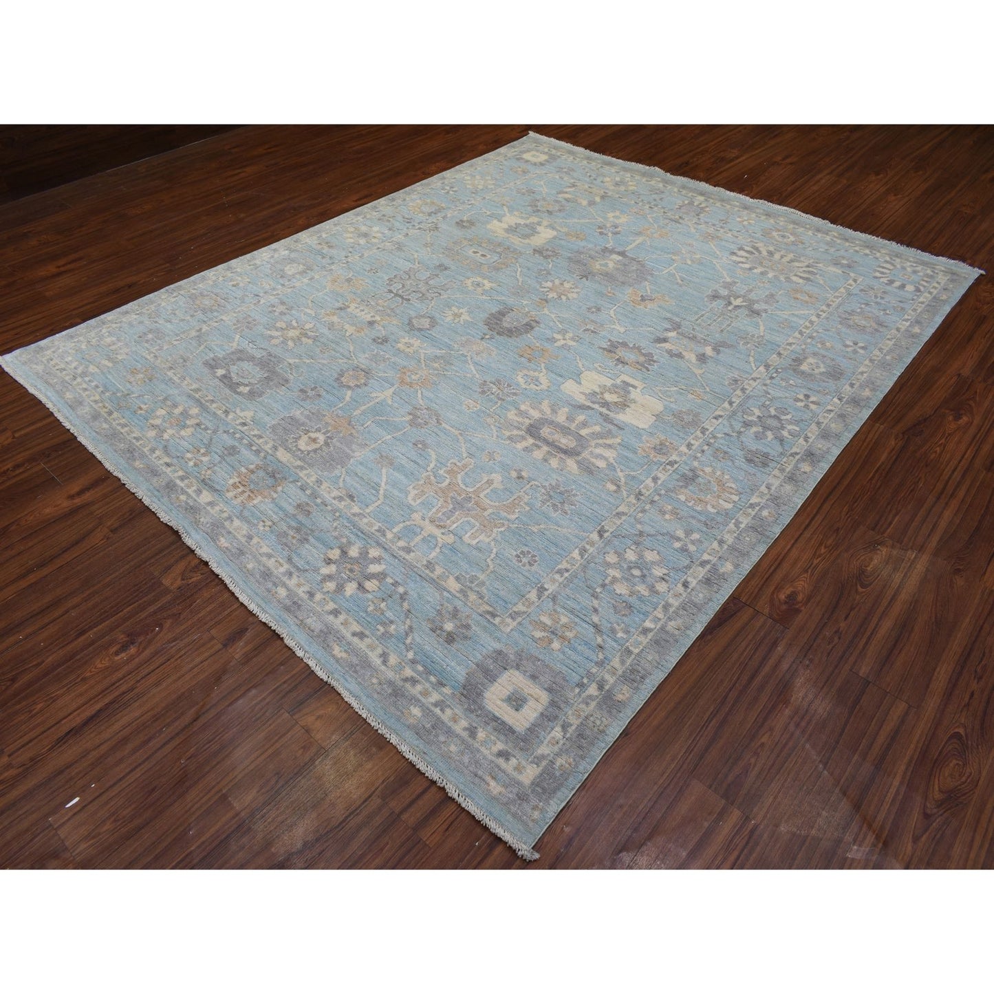 8'X9'8" Light Blue Soft Wool Hand Knotted Afghan Angora Oushak Rug