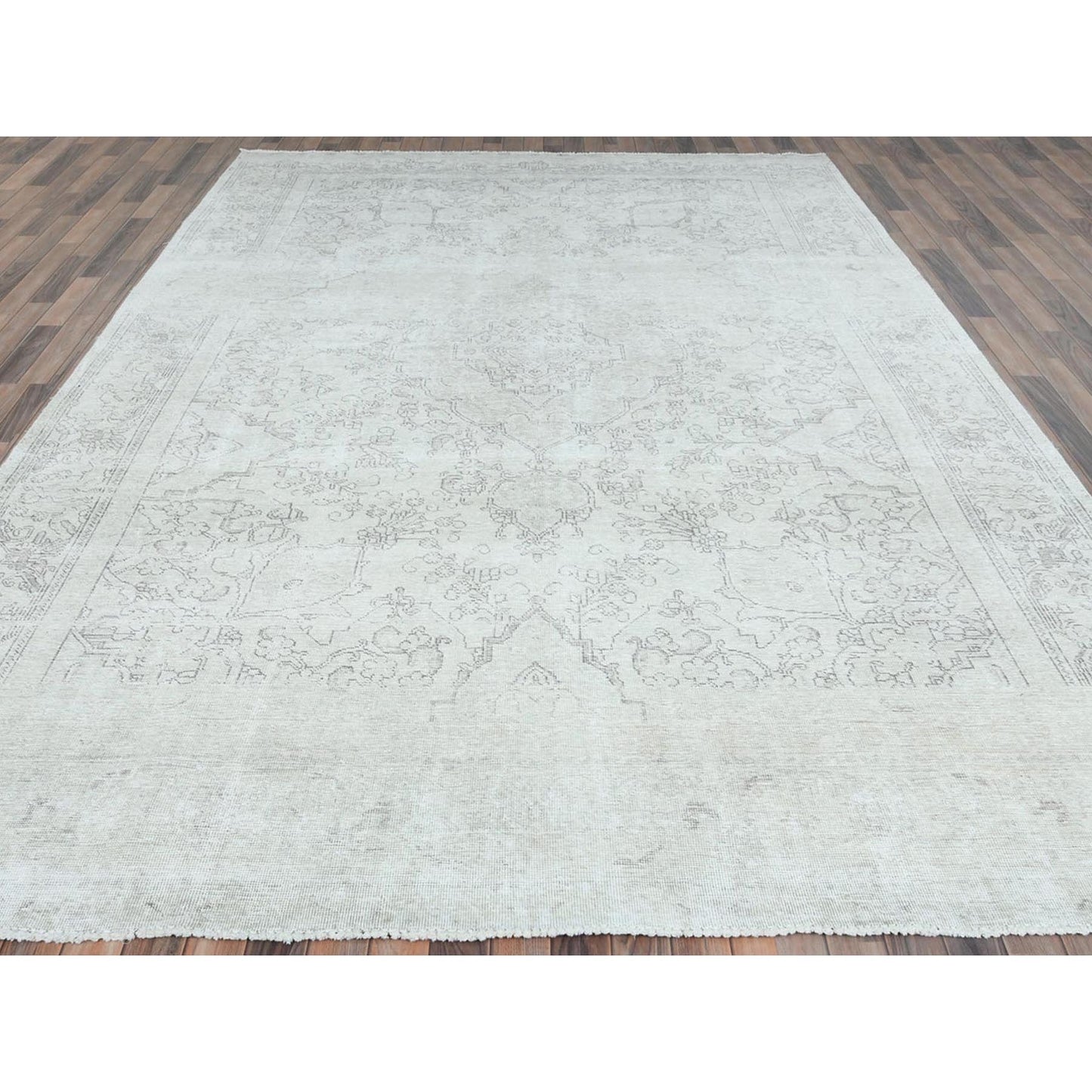 9'3"X13' Ivory Vintage Farsian Tebraz Worn Wool Hand Knotted Rug