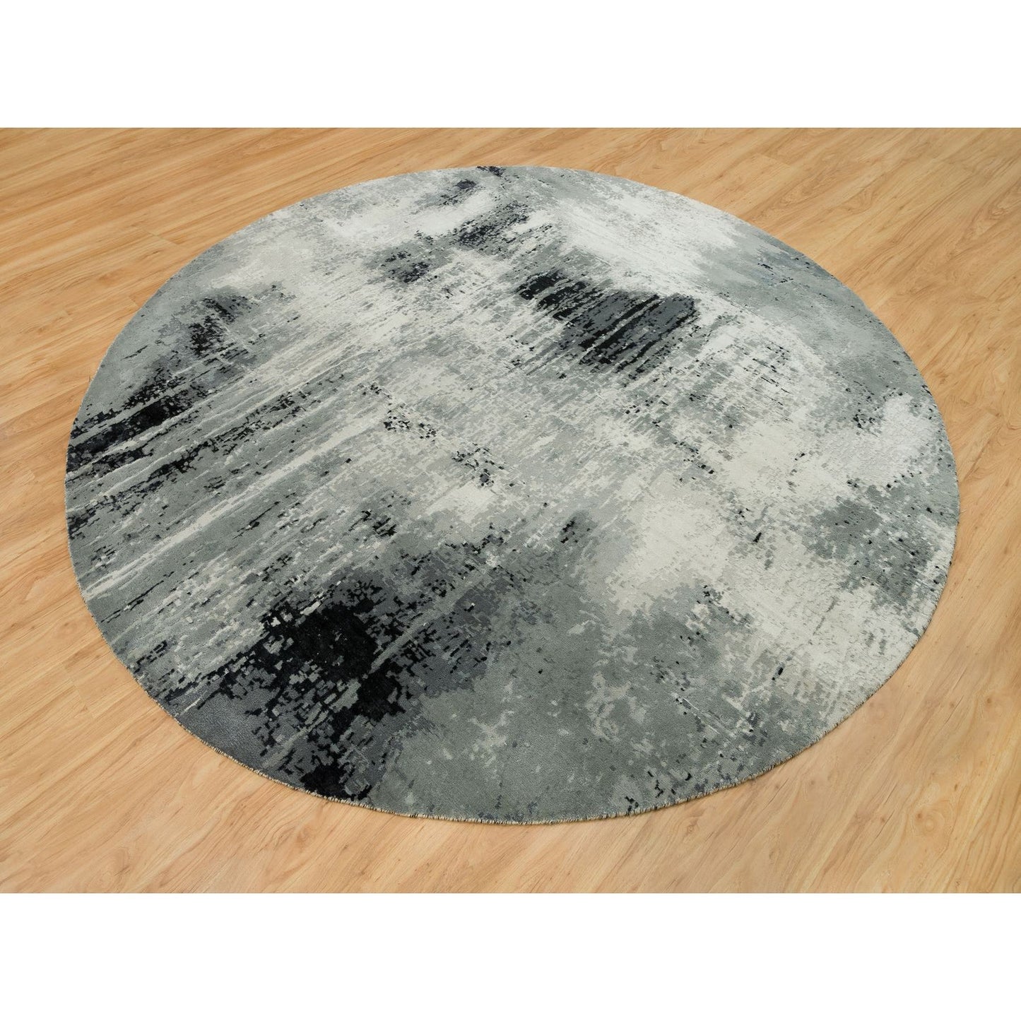 10'X10' Obsidian Black Hand Knotted Abstract Wool And Silk Round Rug