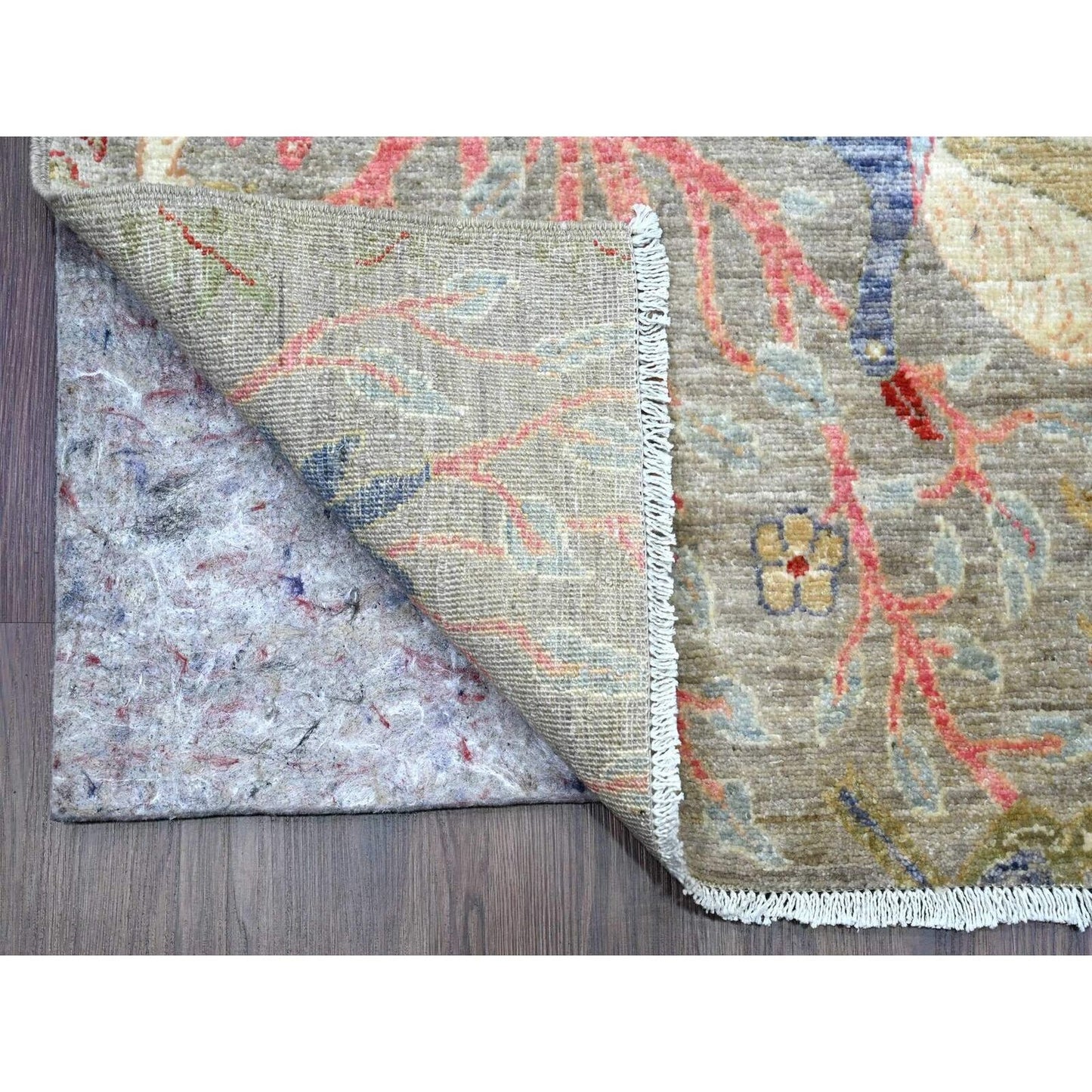 3'X19'5" Gray Afghan Peshawar Birds Design Hand Knotted Wool Runner Rug